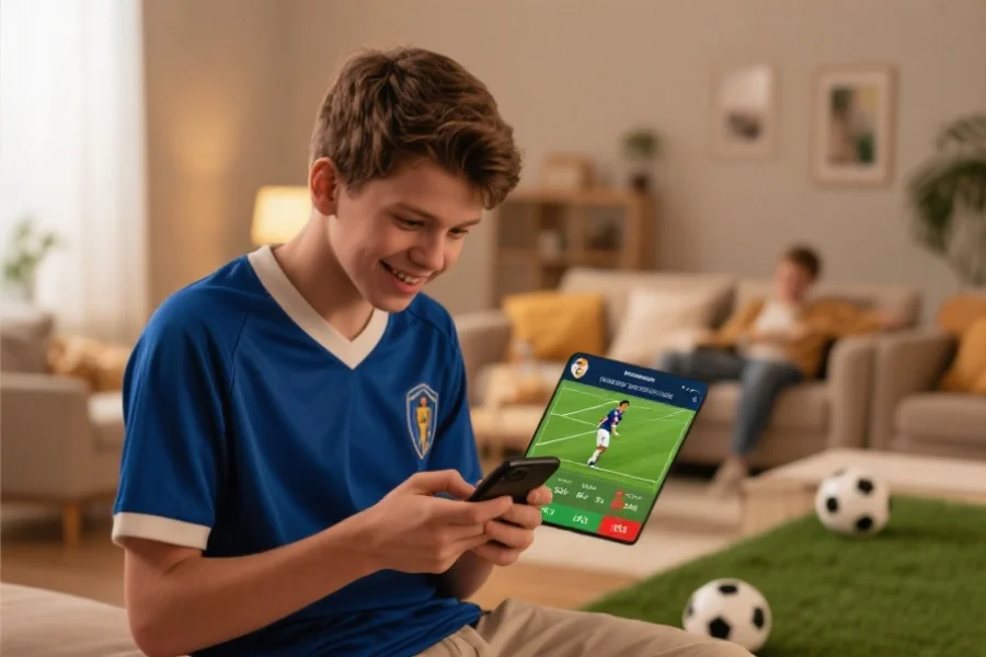 一位年轻足球迷手持手机，聚精会神地通过体育应用关注球员比赛数据，背景为温馨家庭环境